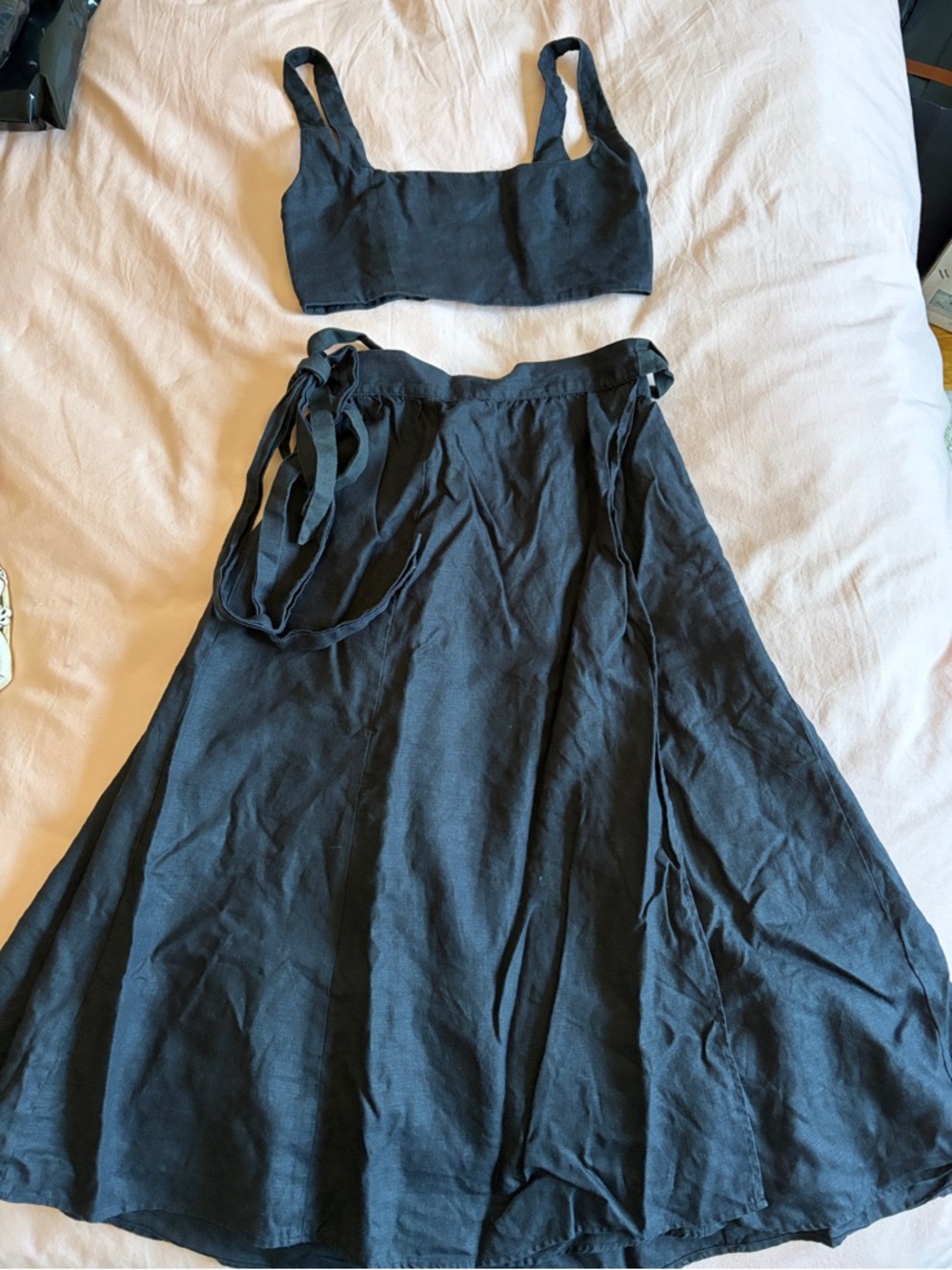 Reformation Black Linen Crop Top & Wrap Skirt Set